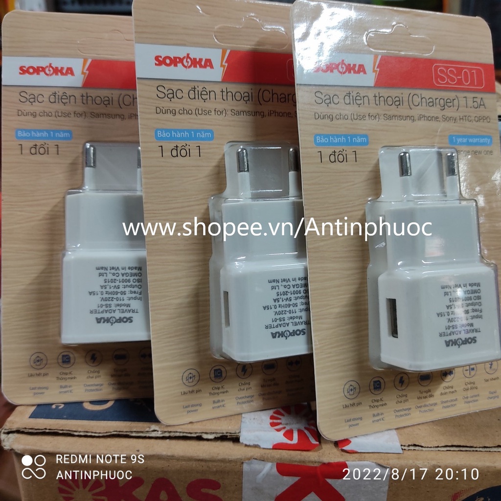 Cục sạc điện thoại SOPOKA 1.5A , Cốc sạc điện thoại chất lượng cao đủ dòng 1.5A chân tròn