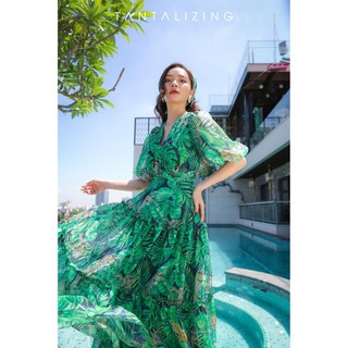 [HÀNG THIẾT KẾ] Váy maxi hoa nhí xanh lá cây TANTALIZING vải voan hoa nhí