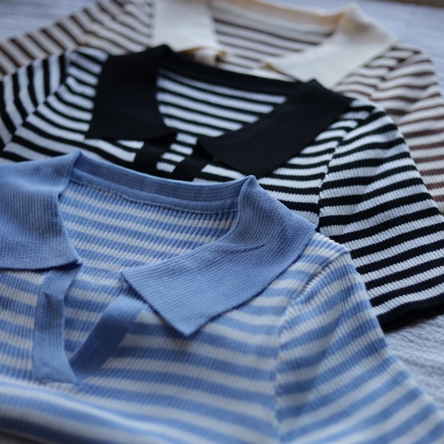 Áo len nữ croptop có cổ cộc tay thu đông kẻ ngang 3 màu đẹp | BigBuy360 - bigbuy360.vn