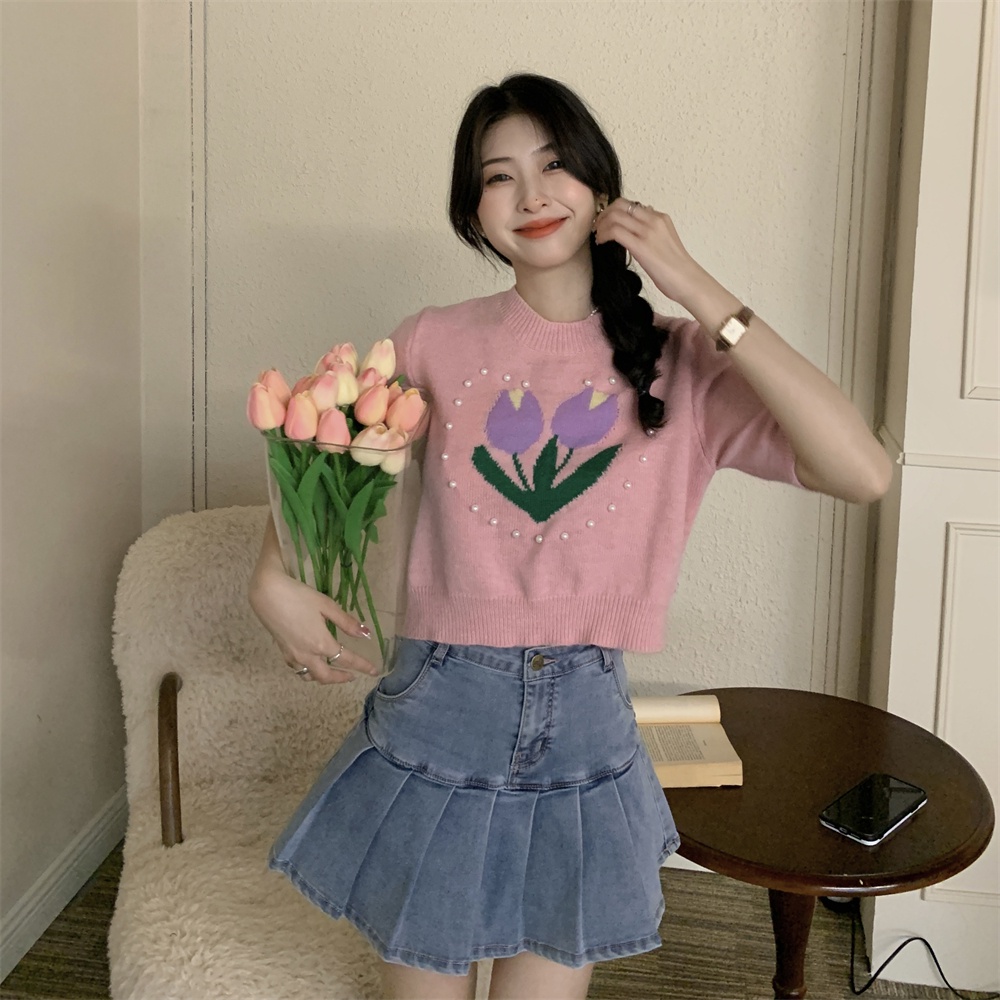 Áo thun dệt kim ZHELIHANGFEI tay ngắn dáng rộng hợp thời trang dễ phối đồ