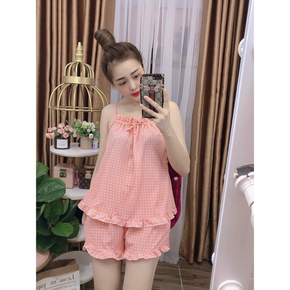Set đồ bộ mặc nhà hai dây nữ lụa satin họa tiết caro quần đùi mặc mát cho mùa nóng, bộ đồ ngủ nữ hai dây