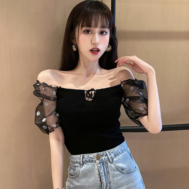 Women's Summer Square Collar Dot Mesh Bubble Sleeve Stitching Short Sleeve Blouse | BigBuy360 - bigbuy360.vn