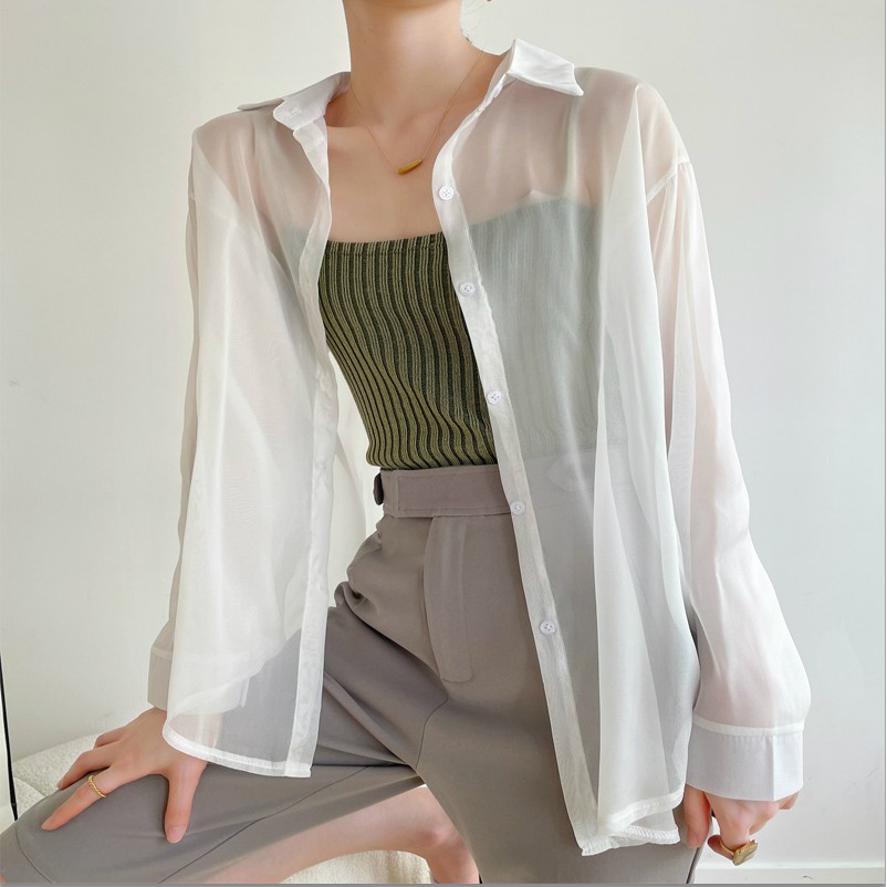 Áo sơ mi tay dài xuyên thấu thoáng khí màu trơn đơn giản phong cách Hàn Quốc thời trang mùa hè dành cho nữ | BigBuy360 - bigbuy360.vn