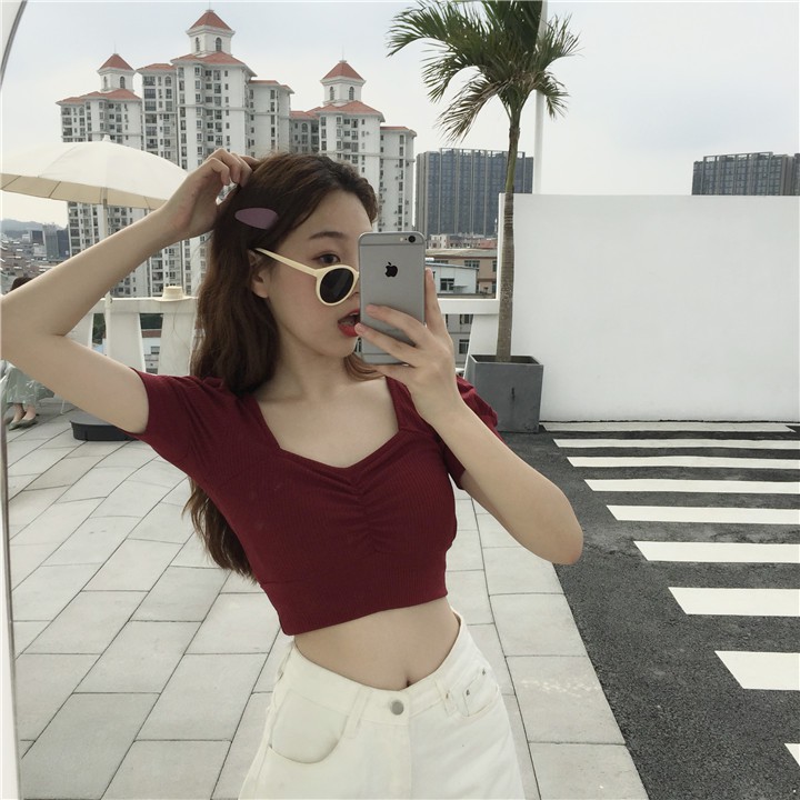 Xiaozhainv Áo thun cổ chữ V tay ngắn màu trơn phong cách Hàn Quốc xinh xắn cho nữ | BigBuy360 - bigbuy360.vn