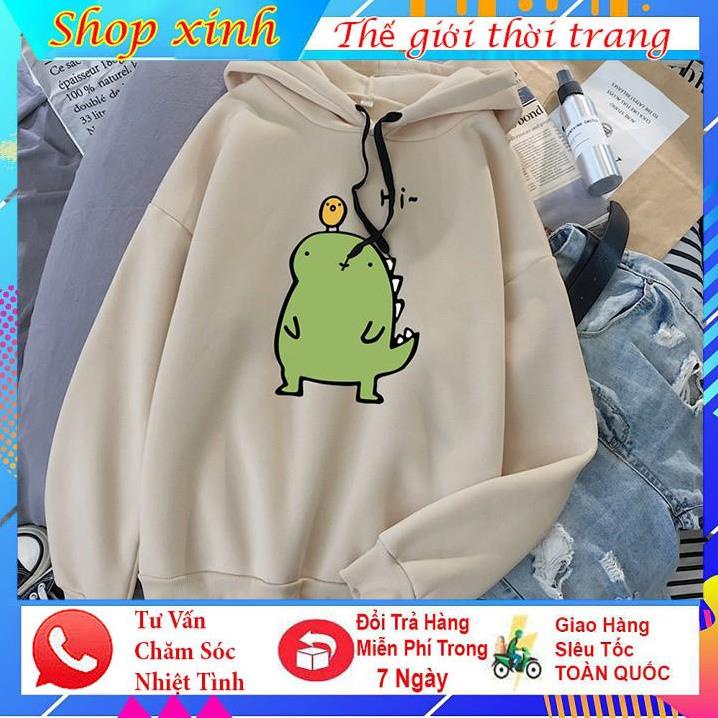Áo hoodie, áo nữ lót nỉ freesize From rộng hình khủng long dễ thương 45 - 58kg thời trang - năng động | BigBuy360 - bigbuy360.vn