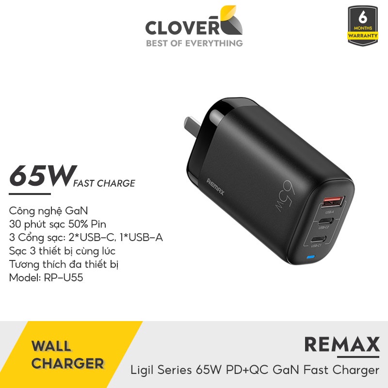 Củ Sạc Nhanh 65W GaN 3 REMAX RP-U55 Nhỏ Gọn Chân Gập Tiện Lợi 3 Cổng Sạc Cho MacBook iPhone Xiaomi Samsung Huawei Oppo