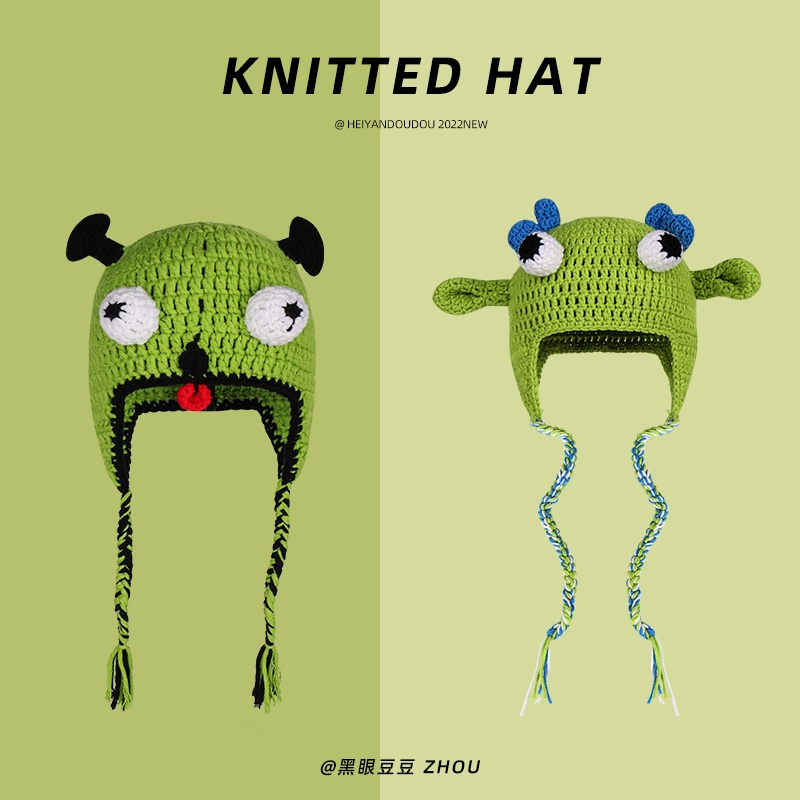 Mũ Len Dệt Kim Thủ Công Màu Xanh Lá Cây Hoạt Hình Vui Nhộn Thời Trang Cho Nữ