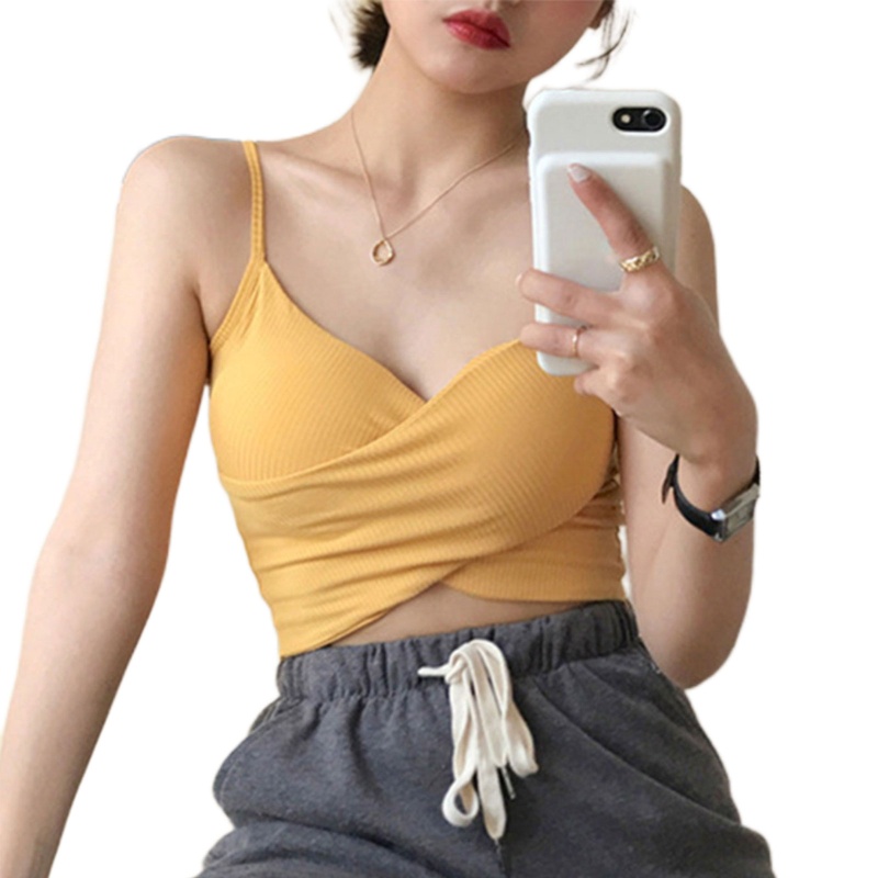 Brroa Áo Croptop Dệt Kim Ôm Dáng Không Gọng Cổ Chữ V Màu Trơn Có Đệm Ngực Gợi Cảm Cho Nữ