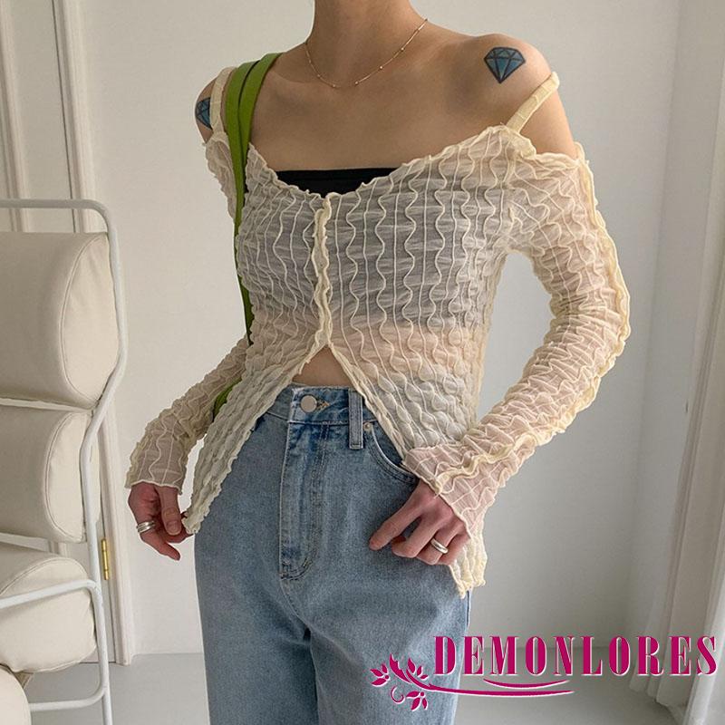 Áo thun tay dài màu trơn xẻ tà thời trang dành cho nữ