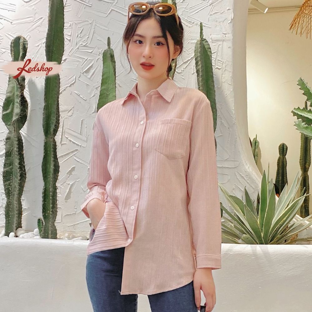 Áo sơ mi công sở nữ tay dài vải đũi sọc gân co giãn  - Red Shop