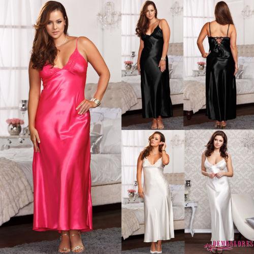 Bộ đầm ngủ 2 dây dáng dài vải lụa phối ren và quần lót cỡ lớn dành cho bạn nữ