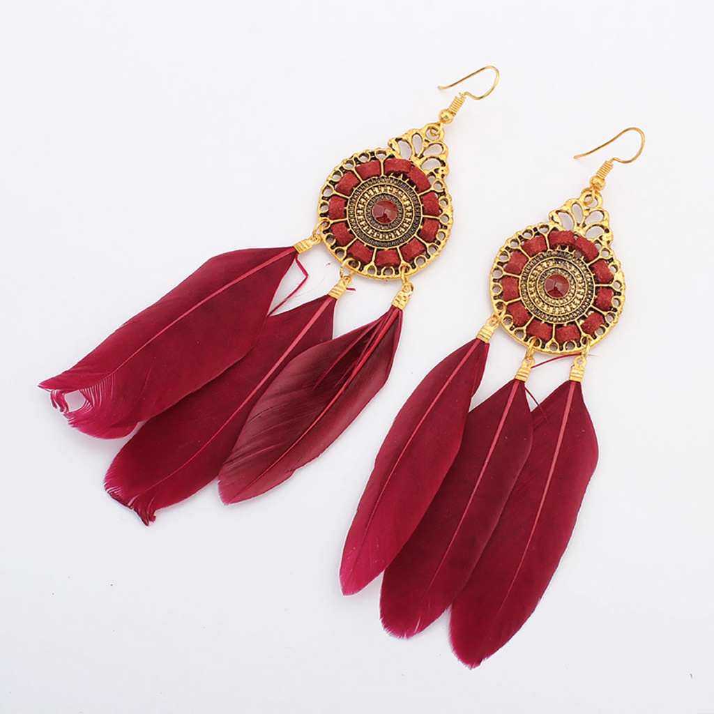 Hoa Tai Dáng Dài Phối Lông Vũ Phong Cách Vintage Cho Nữ