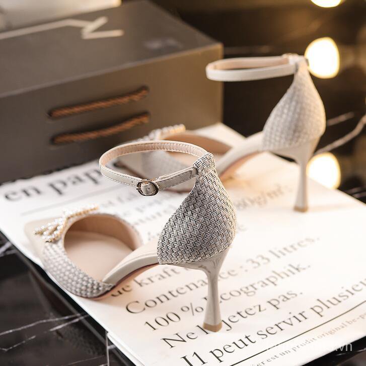 Women's Pearl Bow High Heels Chanel-Style2021Women's Evening Dress Ankle-Strap Shoes Stiletto Heel Elegant