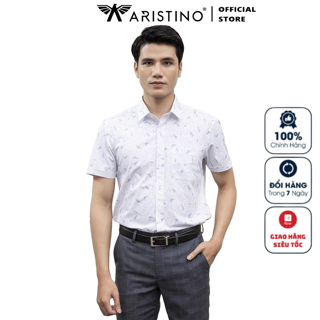 Áo Sơ Mi Nam Ngắn Tay ARISTINO ASS203S1 Somi Công Sở Cao Cấp Màu Trắng In Hình Tam Giác Chất Sơi Sồi Dáng Ôm Không Túi