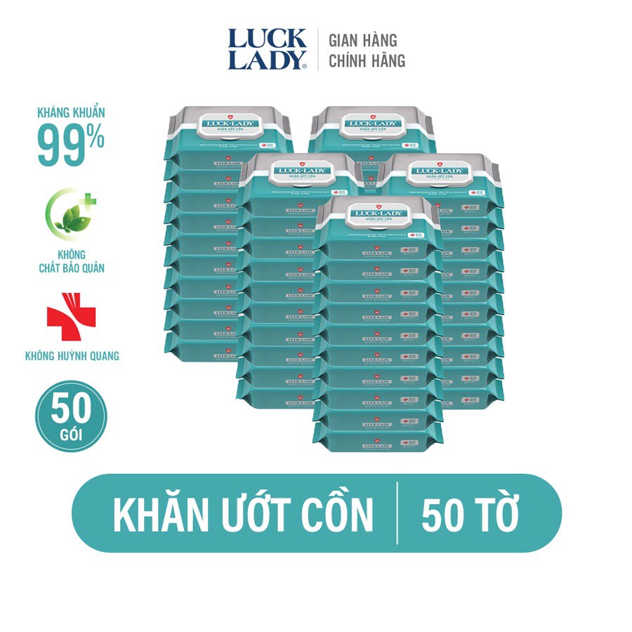 Khăn ướt cồn kháng khuẩn LuckLady 50 tờ/gói - Combo 50 gói