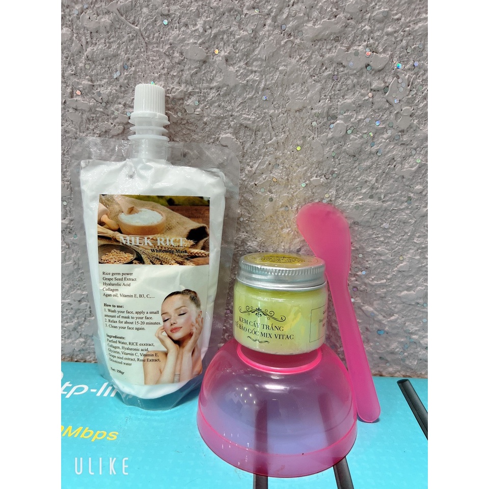 Combo kem cấy trắng tế bào gốc mix vitac + ủ trắng mầm gạo( tặng bát thìa, cọ quét)