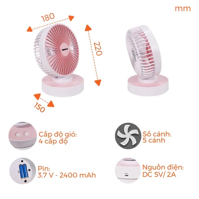 Quạt tích điện gấp gọn NANOCO, Quạt sạc NANOCO chất liệu nhựa ABS cao cấp, chống sốc, chống va đập