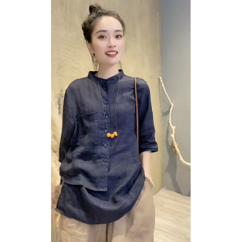 Áo Sơ Mi Vải Lanh Cotton Mỏng Dáng Rộng Tay Lỡ 2 Thiết Kế Kiểu Retro Cho Nữ