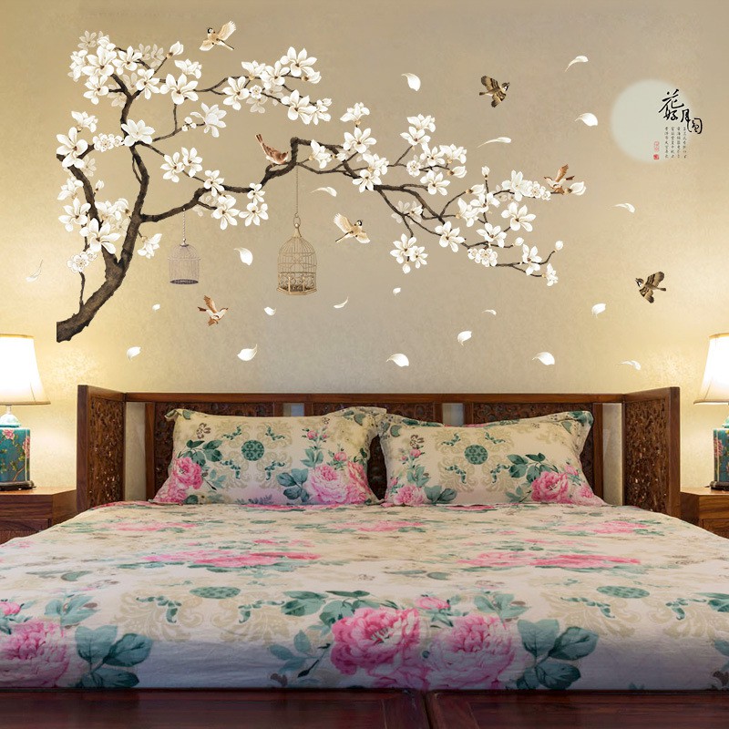 Decal dán tường trang trí phòng ngủ [THANH LÝ] Cành hoa thủy mặc trắng