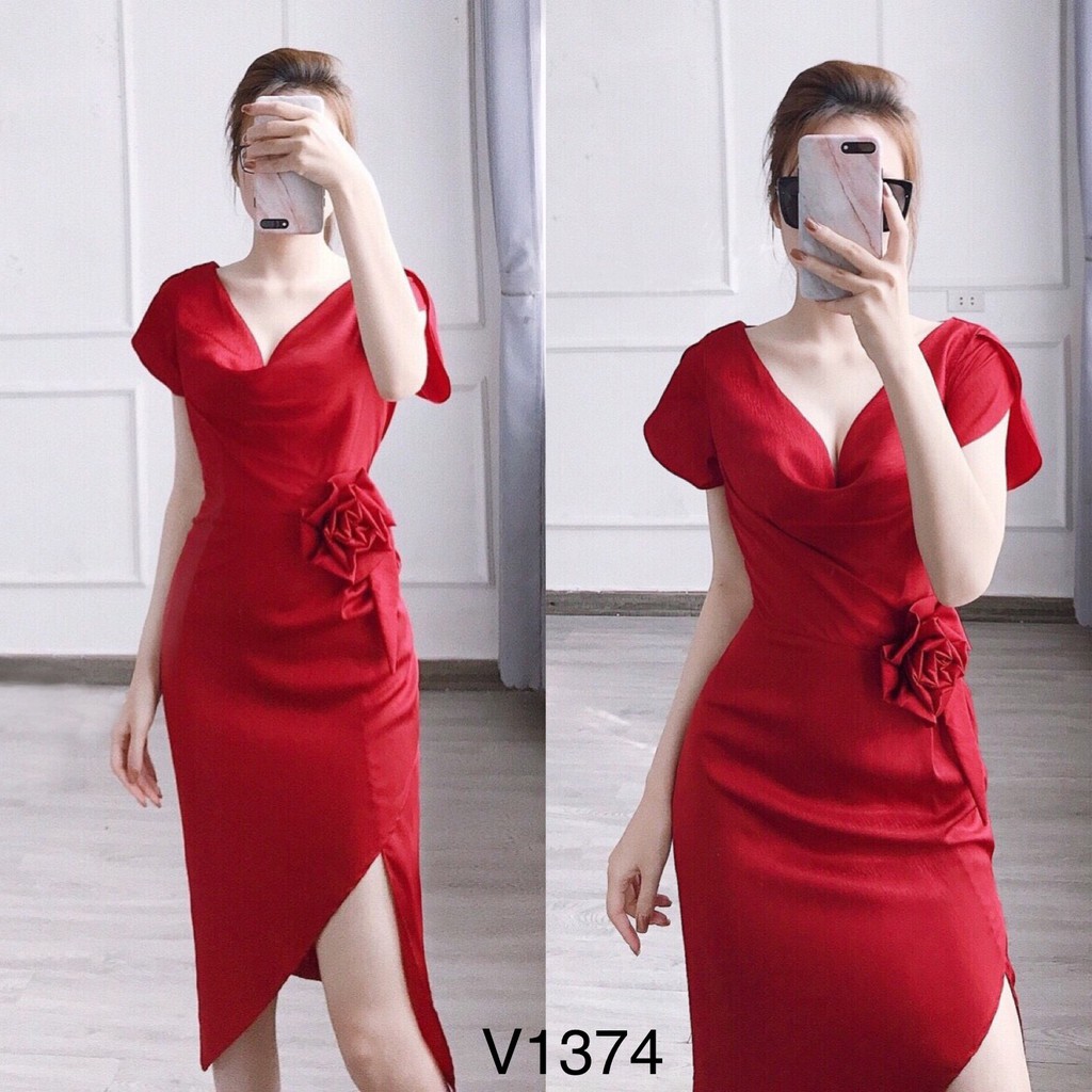 Váy body đỏ cổ V hoa eo V1374 - Đẹp Shop DVC (Kèm ảnh thật trải sàn do shop tự chụp)