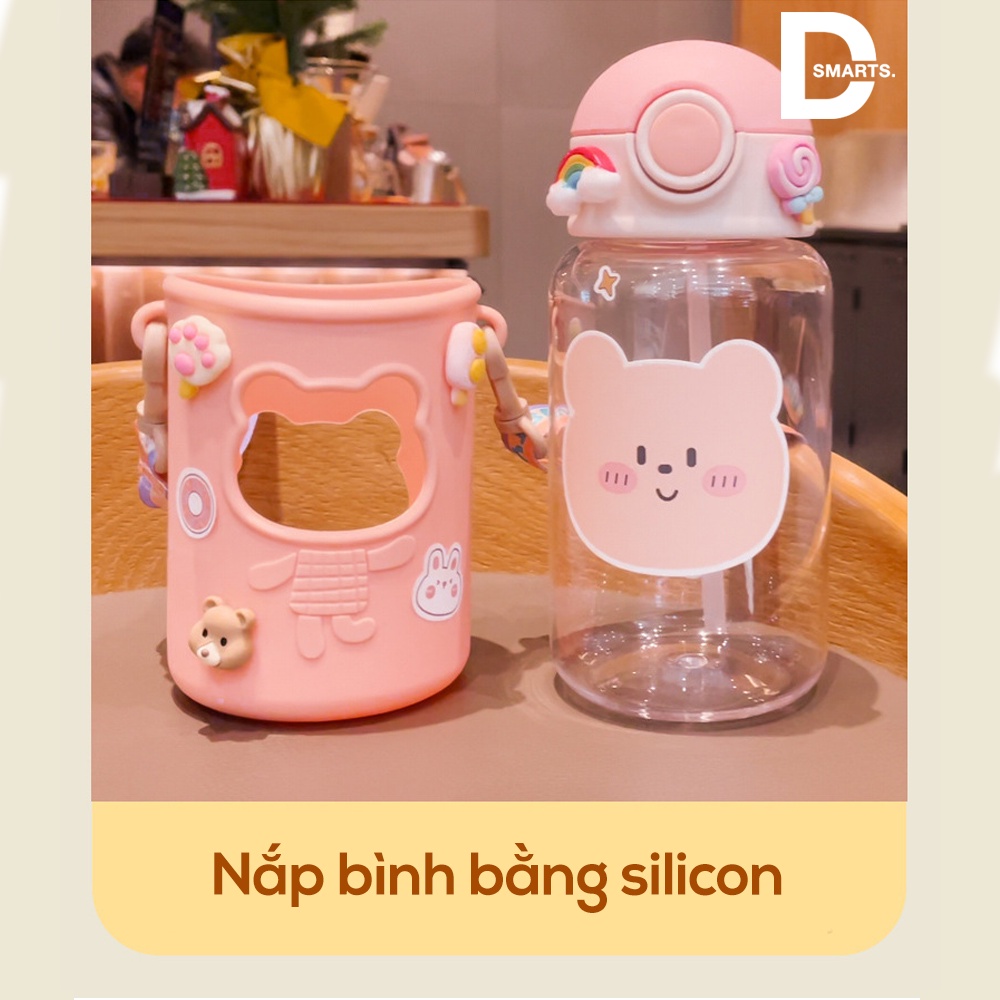 Bình nước cute, bình nước cho bé có quai đeo nắp bật ống hút mềm mại dung tích 620ml - Tặng kèm sticker cực cute