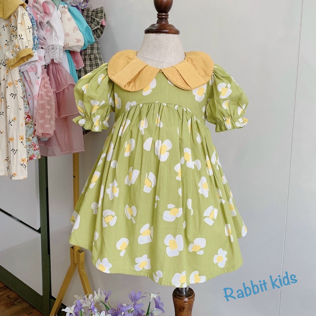 Váy Mùa Hè Bé Gái💝FREESHIP💝Rabbit Kids-Đầm Size Đại Cho Bé 8-40kg Xanh Cốm Cổ Vàng Chất Đũi Mềm Mại Thoáng Mát
