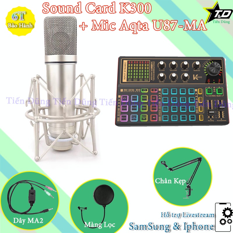 Combo mic livestream karaoke U87 MA và sound card K300 có bluetooth Auto-tune đèn led đi kèm dây ma2 chân kẹp màng lọc