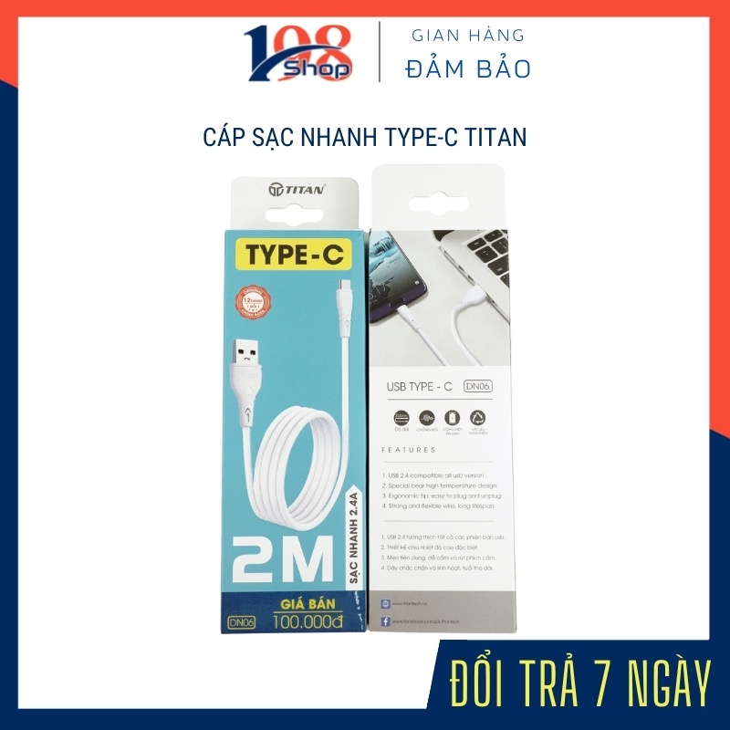 Cáp Sạc Type-C Titan DN06 ❣️SẠC NHANH❣️Dây Sạc Nhanh 2.4A, Chống Rối Dài 2m