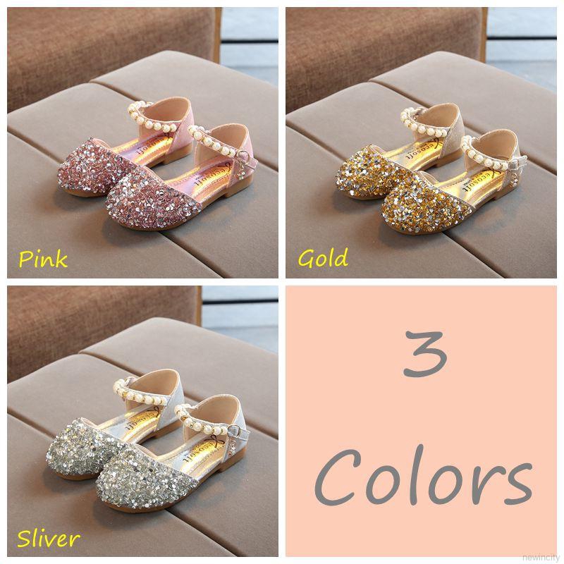 Giày đế mềm thoáng khí chống trượt đính ngọc trai và kim cương giả cho bé gái tập đi