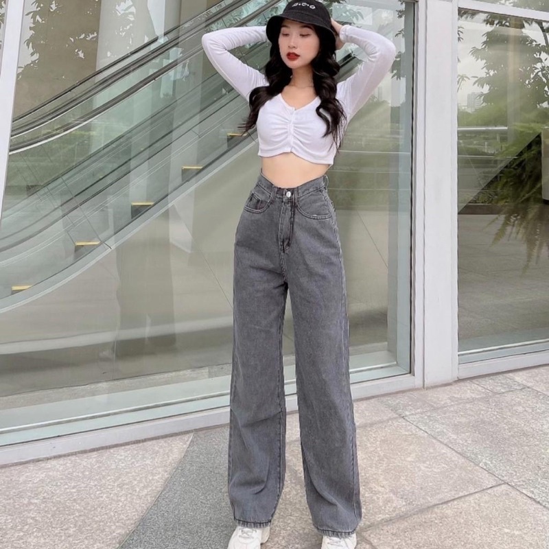 Quần jeans ống suông trơn basic lưng siêu cao