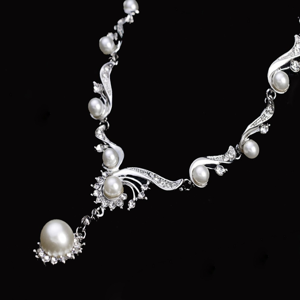 MKEB Bộ nữ trang gồm vòng đeo cổ + bông tai đính đá pha lê nhân tạo cho cô dâu