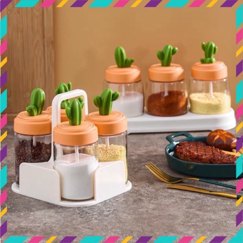 Hũ đựng gia vị thủy tinh xương rồng cao cấp,kèm khay để tiện lợi gọn gàng không gian bếp,kèm muỗng thìa đẹp