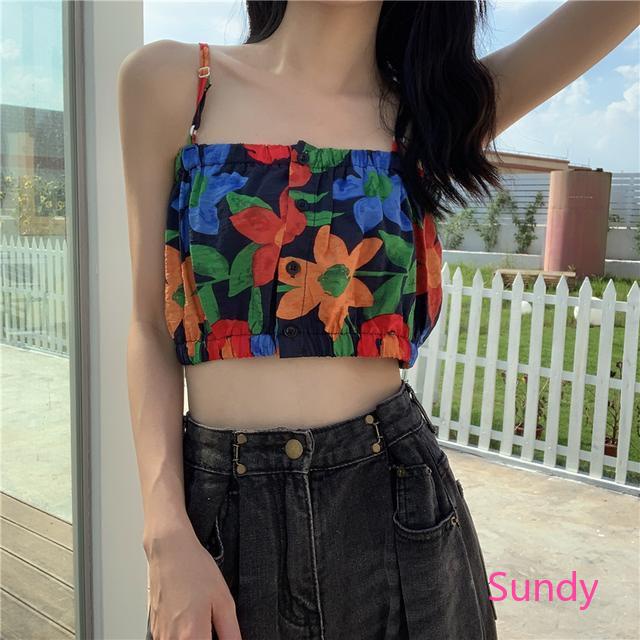 Áo hai dây in hoa thời trang retro mùa hè thích hợp cho nữ