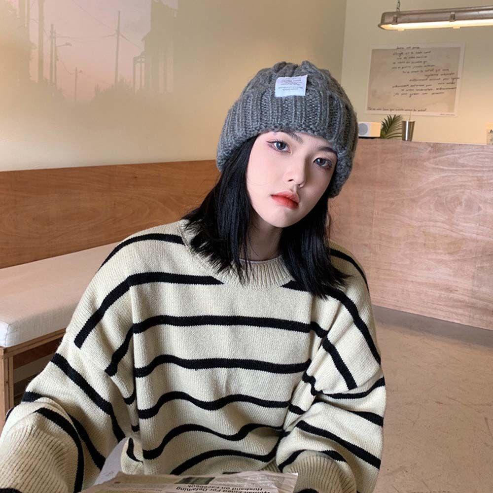 Mũ Beanie Dệt Kim Màu Ngà Hoạ Tiết Kẻ Sọc Và Chữ Thời Trang Mùa Thu Cho Phái Nữ
