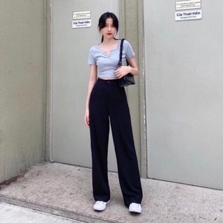 Quần ống rộng nút gài Quần Culottes suông dài 2 túi