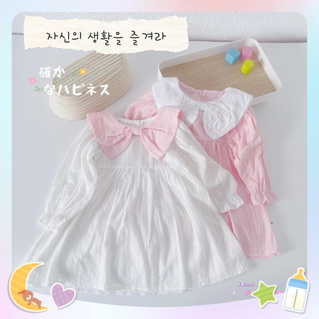 9-20kg  Váy thu dài tay phối nơ cổ hồng trắng cho bé gái siêu xinh chất liệu thô mềm mozikids