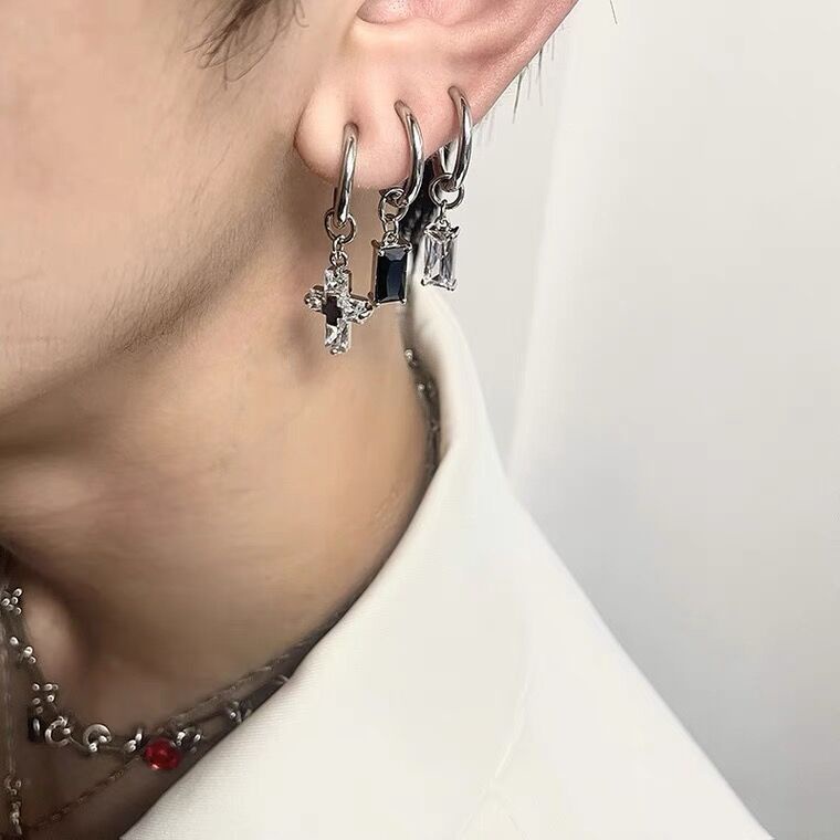 Bông Tai Chữ Thập Đính Đá zircon Bằng Thép Không Gỉ Phong Cách Hip Hop Cho Nam Và Nữ