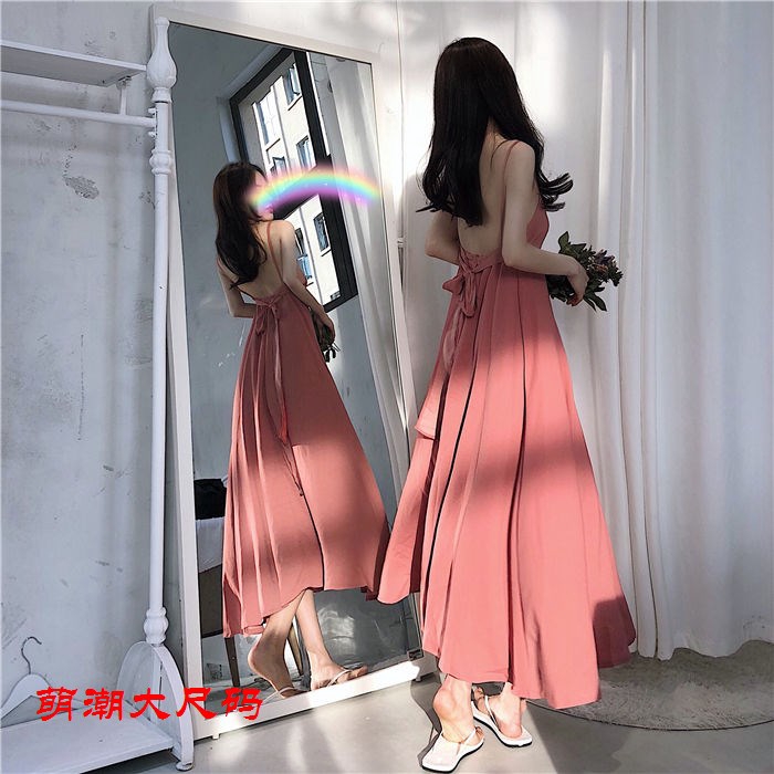 ❤Đầm Size lớn xinh xắn đáng yêu❤ Đầm hai dây hở lưng đính nơ phong cách Hong Kong