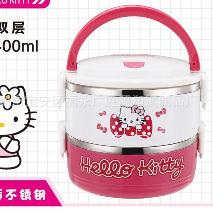 Hộp Đựng Cơm Trưa T6T 2 / 3 / 4 Ngăn Bằng Thép Không Gỉ Màu Hồng Hình Hello Kitty Dễ Thương