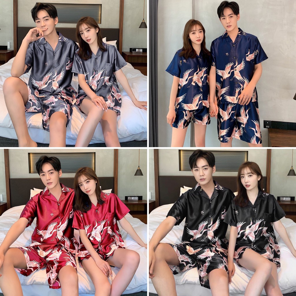 Bộ Pijama cộc tay nam nữ họa tiết tiên hạc chất lụa bóng cao cấp mã 245 (Hàng có sẵn) | BigBuy360 - bigbuy360.vn