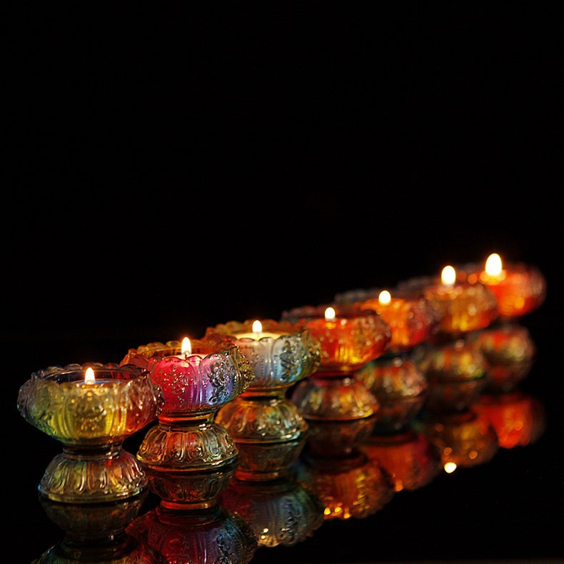 Cốc đựng nến, chân nến thủy tinh hoa sen lưu ly thờ cúng ngũ sắc