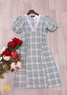 Váy kẻ xanh Cổ V ren - HS