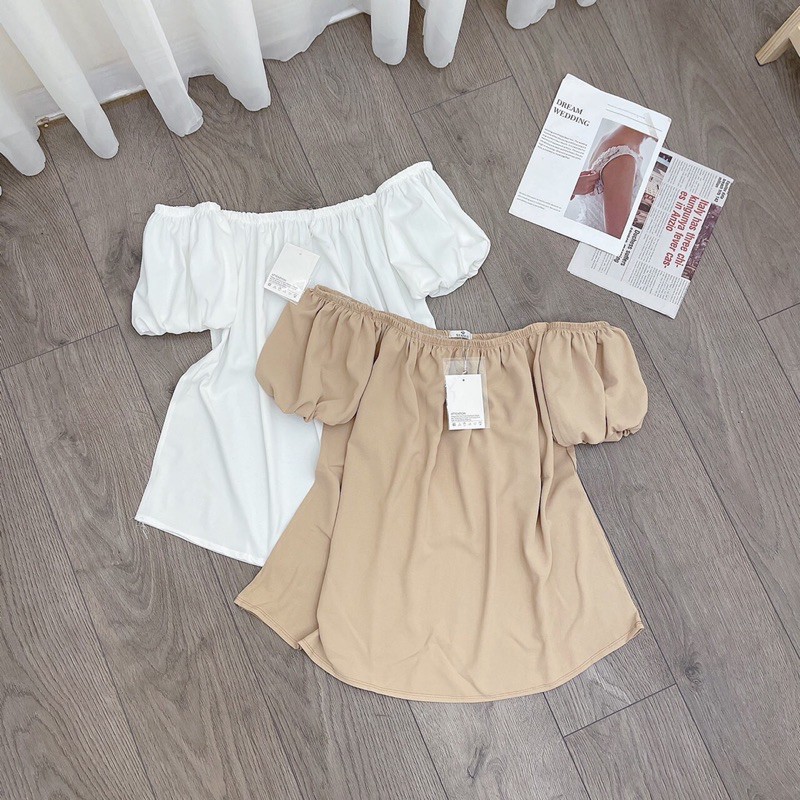 Áo Trễ Vai Tiểu Thư Tay Phồng Chất Đũi 2 Màu Be Trắng