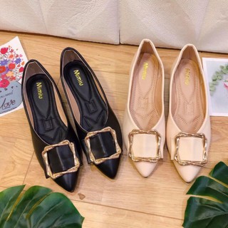 Giày búp bê nữ Bánh bèo, giày nữ đế bằng mũi nhọn da bóng khoá vuông thời trang màu đen, nude