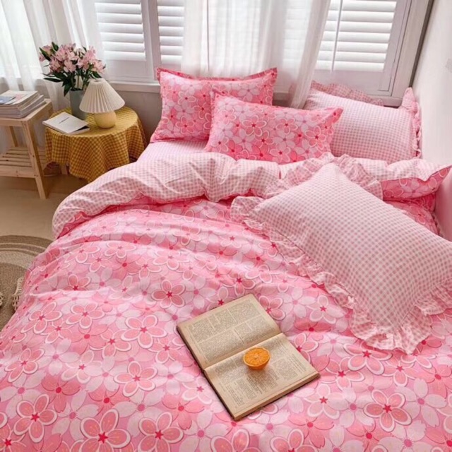 Sét ga gối cotton poly nhập ( Hồng hoa dâm bụt )