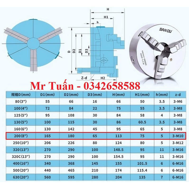Mâm cặp 3 chấu 200mm K11-200