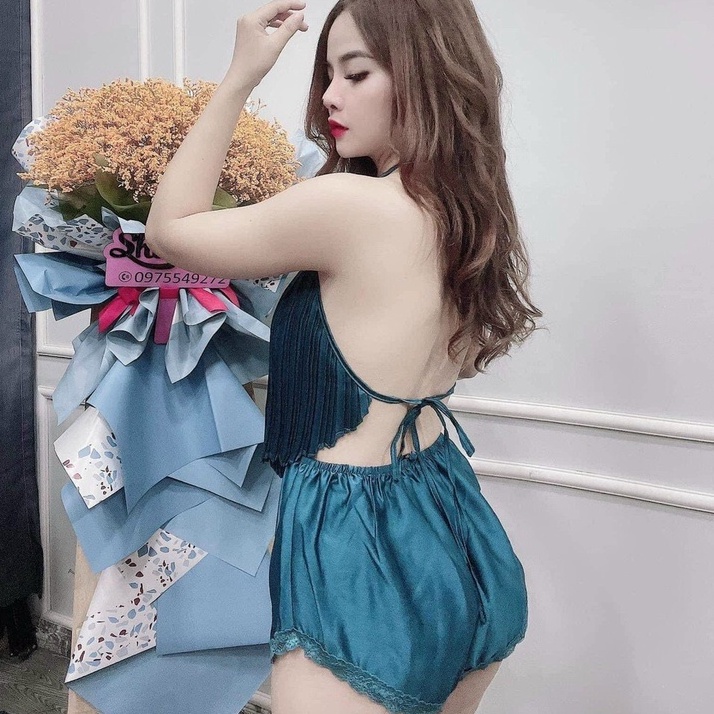 Đồ Ngủ Sexy Yếm Dập Ly Chất Liệu Lụa Satin Kèm Quần Ren Gợi Cảm Freesize 40-65kg - CN001 CINY | BigBuy360 - bigbuy360.vn