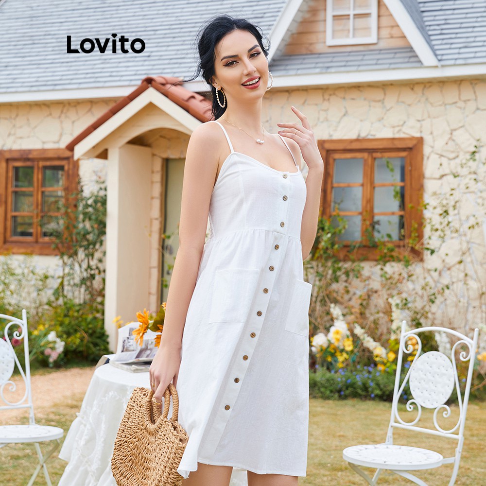 (Gợi ý từ KOL) Đầm Lovito cổ chữ V cài nút phối túi màu trơn đơn giản L12018 (Màu trắng)