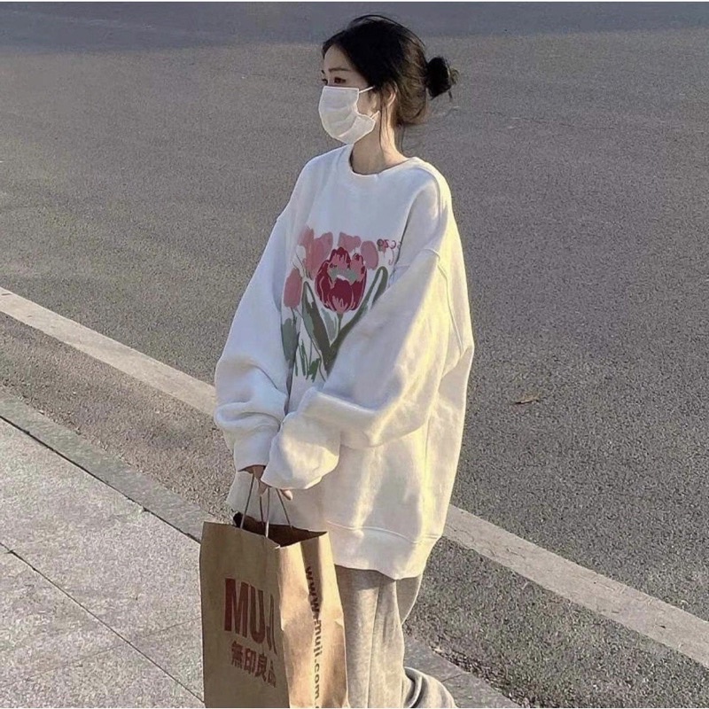 Áo nỉ sweater hoa hồng vintage oversize  Sweaters form rộng tay phồng kiểu dáng đường phố Hàn Quốc JOLIE
