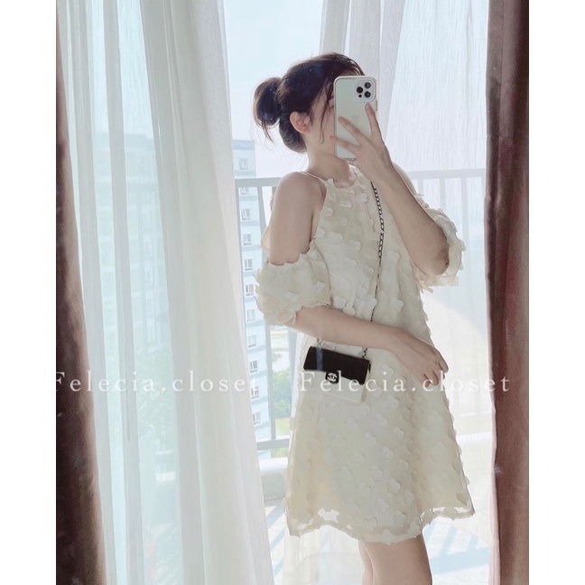 VÁY REN CỔ YẾM HỞ VAI TAY BỒNG CHUN NGẮN TAY HÀNG HAI LỚP VRCYTB